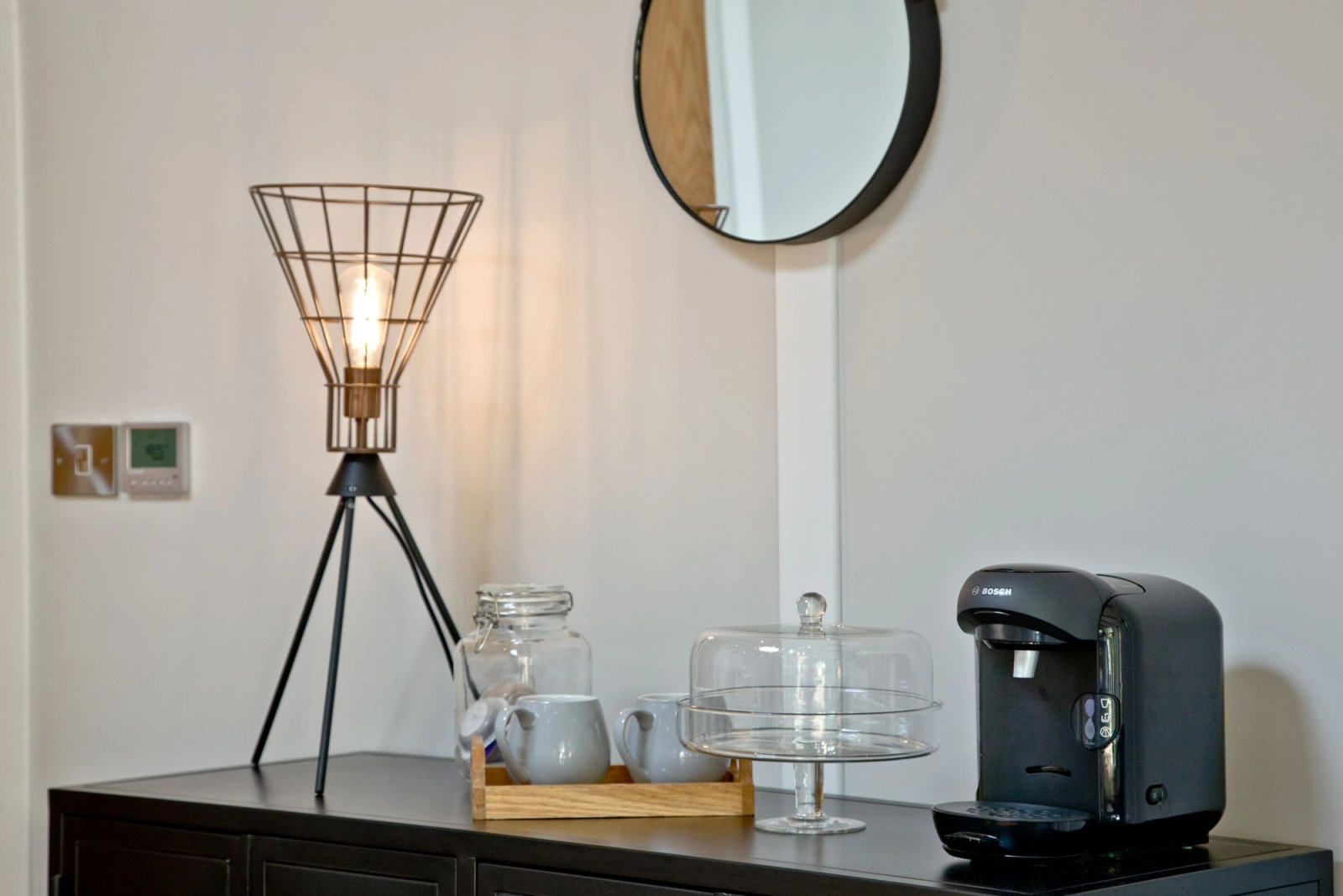 Coffee making facilities, a lamp and a mirror - The Secret Roundhouse