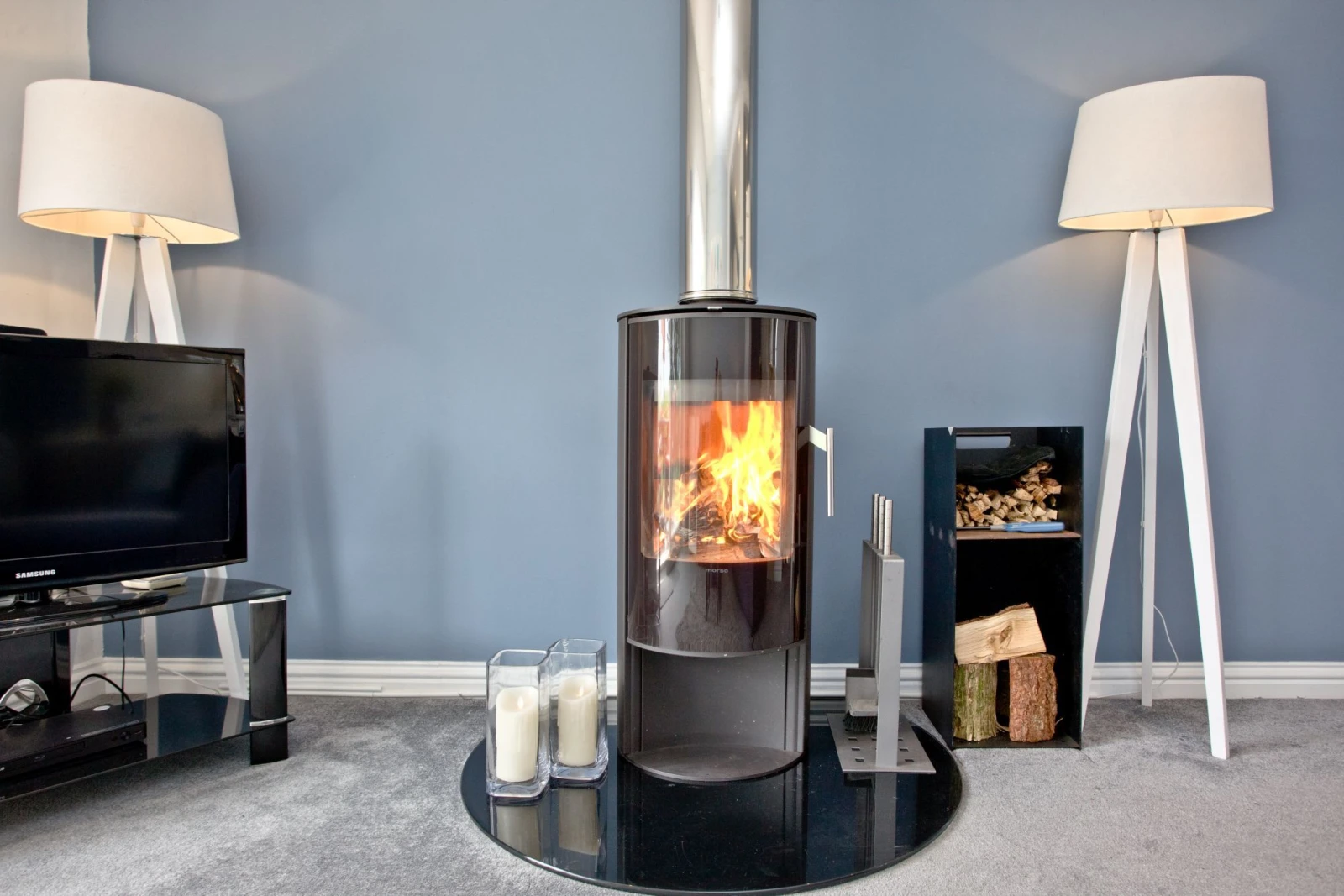 Wood burner located in living room - Blue Bay