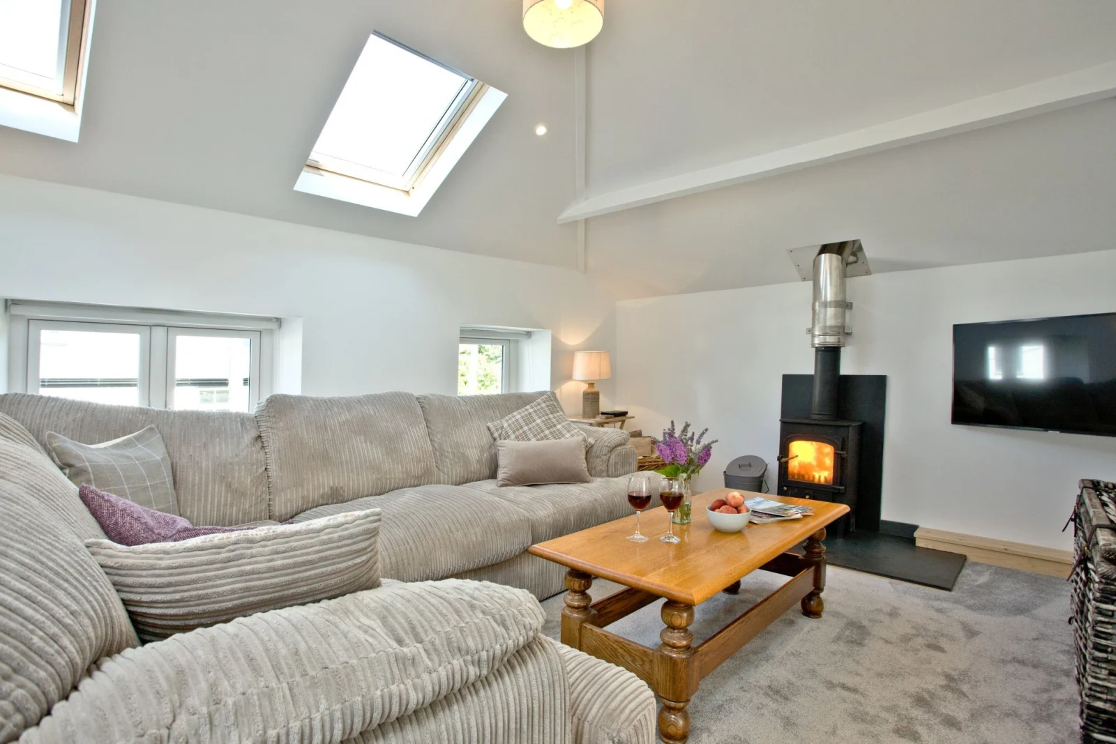 Corner Sofa, Coffee Table, Woodburner-The Mews