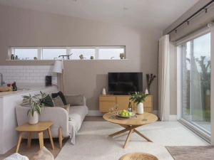 Living area with smart TV and coffee tables leading onto the kitchen - Salt Life, Dunes at Upton Towans