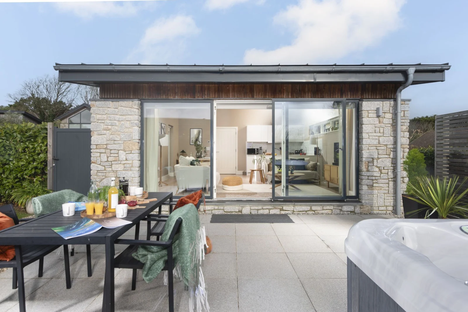 The property from outside, outdoor seating for 4 guests, hot tub - Salt Life, Dunes at Upton Towans