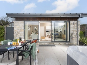 The property from outside, outdoor seating for 4 guests, hot tub - Salt Life, Dunes at Upton Towans