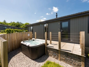 The hot tub with a privacy screen - Buttercup Lodge 