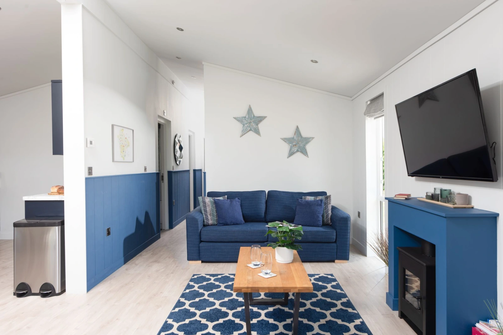 A sofa, fireplace and TV for guests - Buttercup Lodge 