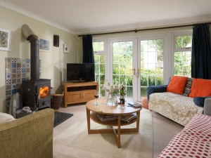 The living room, wood burner and TV - Pump Cottage 