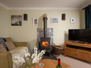 The fireplace, seating for all guests and TV - Pump Cottage 