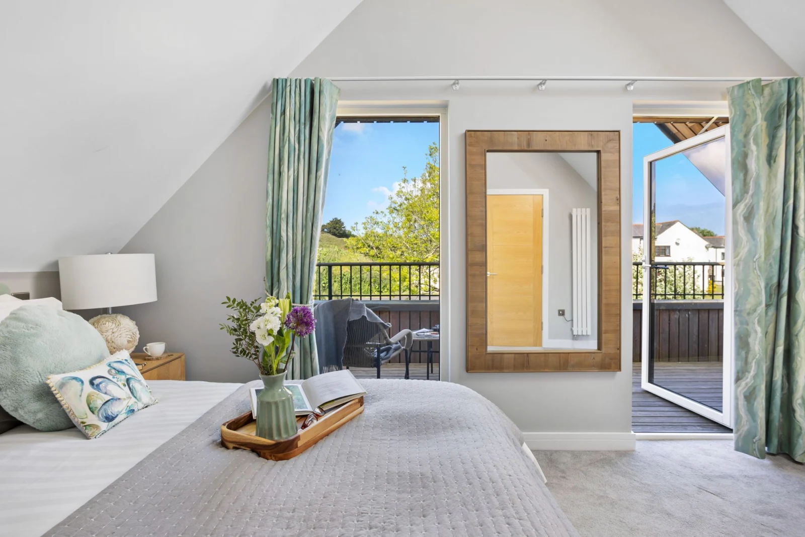 Bedroom 3 with own balcony, king size bed and full length mirror -  1 The Vista, Willingcott