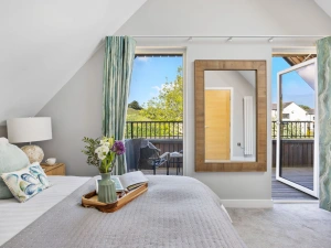 Bedroom 3 with own balcony, king size bed and full length mirror -  1 The Vista, Willingcott