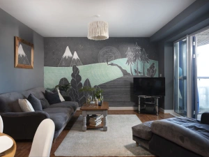 Open living room with hand painted artwork on the wall and Balcony access - Bathsheba, Ocean 1