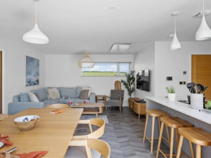 Open plan living area with Infra-red ceiling heaters and smart TV - 6 The Vista, Willingcott