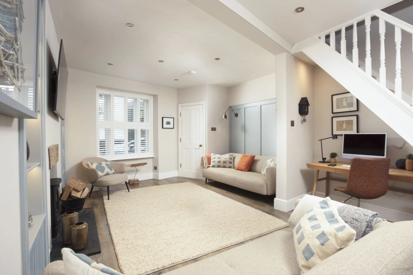 View of living space, dedicated work area and cosy lounge - Myrtle Cottage