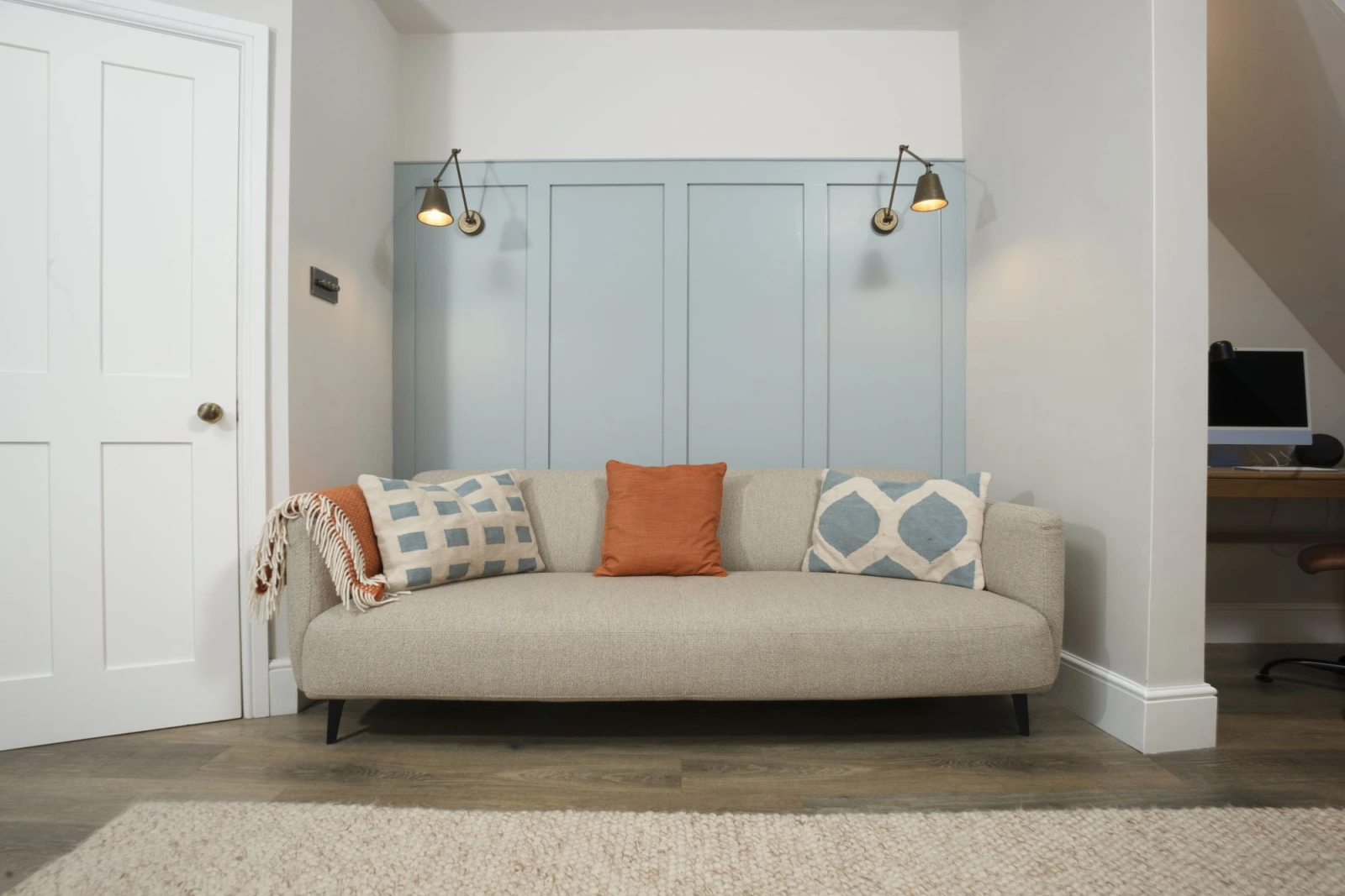 Sofa in open plan living area - Myrtle Cottage