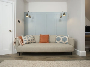 Sofa in open plan living area - Myrtle Cottage