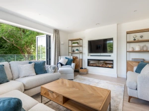 The first floor living room with balcony