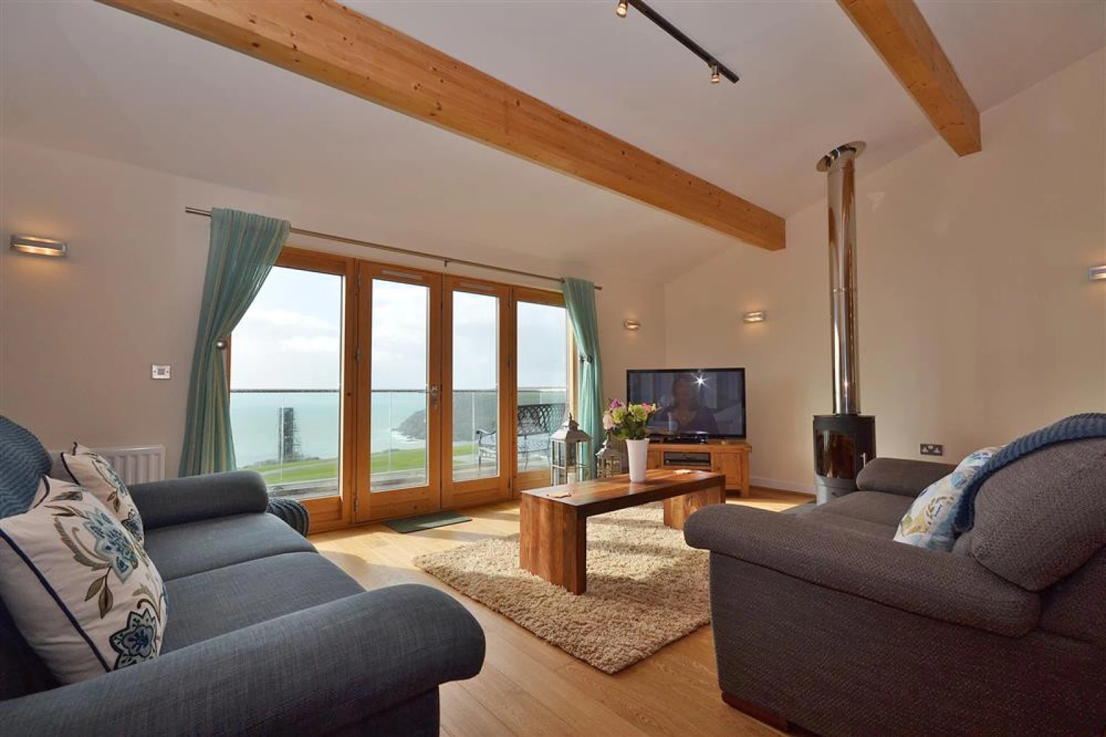 The sunny living room with beautiful views