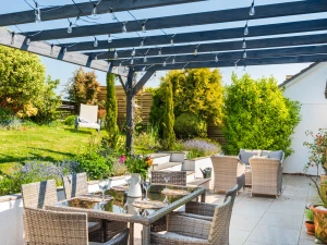 The beautiful terrace area with dining area and relaxed seating