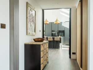 Peeking down to the beautiful kitchen diner in this 4 bed holiday home with views over the Salcombe and Kingsbridge estuary.