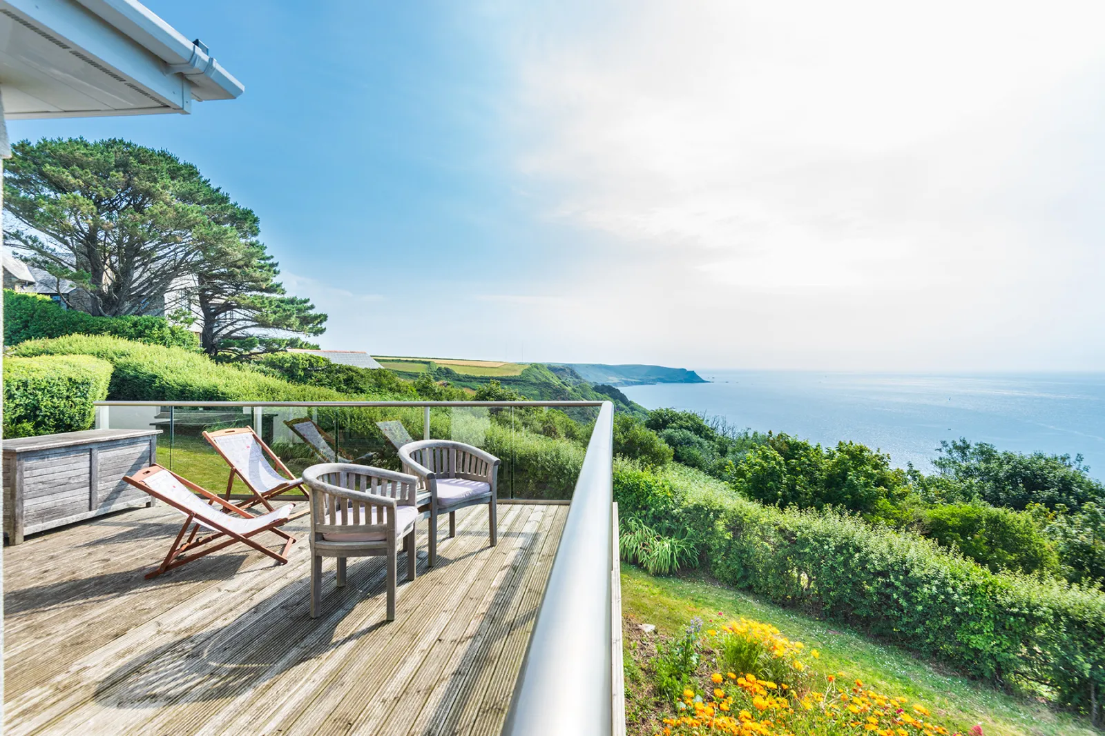 Looking across the sea from East Prawle, Devon-perfectly situated for exploring the South West Coast Path, with open plan living for family and friends to connect.