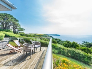 Looking across the sea from East Prawle, Devon-perfectly situated for exploring the South West Coast Path, with open plan living for family and friends to connect.
