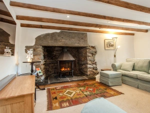 Large lounging area with log burner and 4K UHD TV.