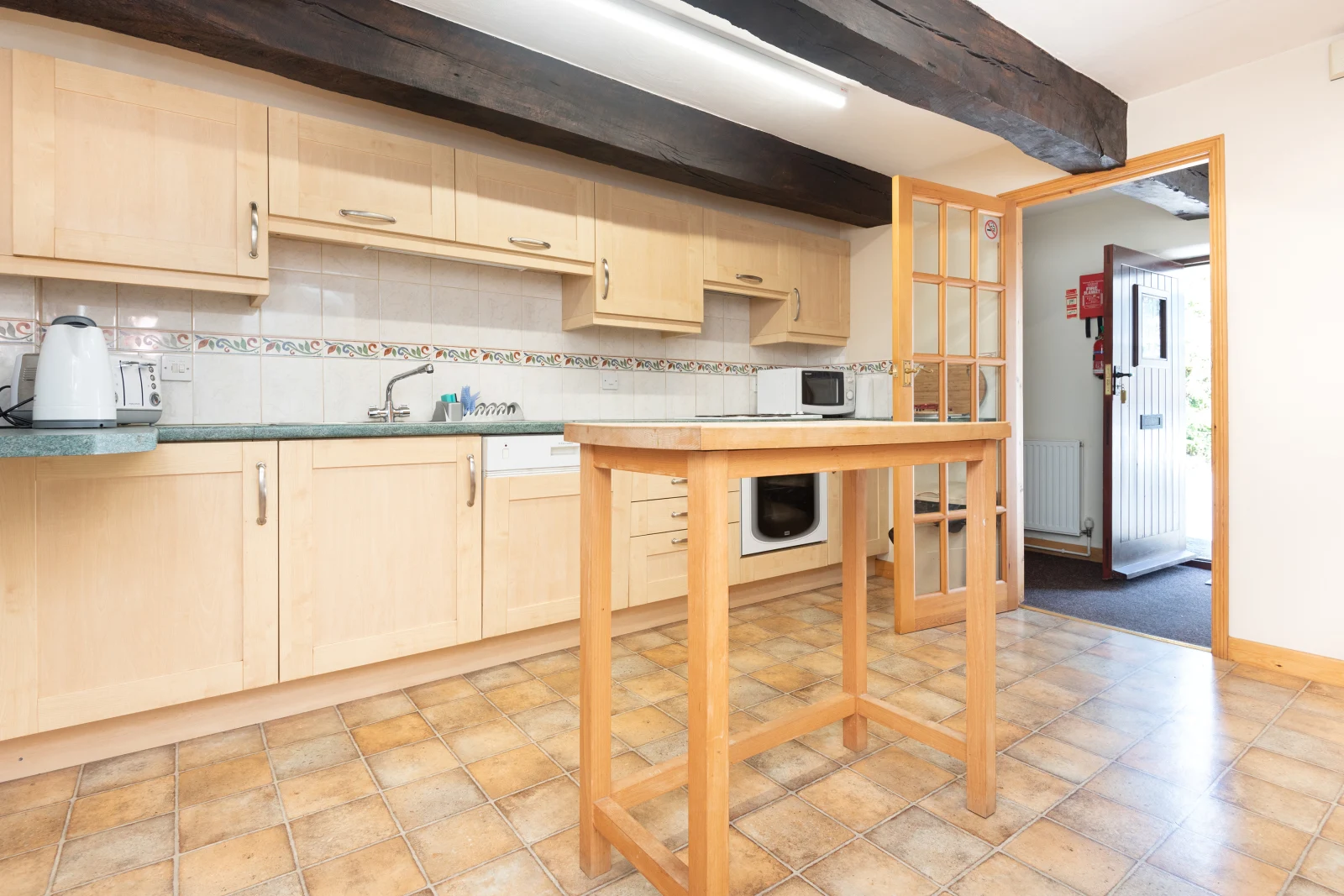 The kitchen area. 