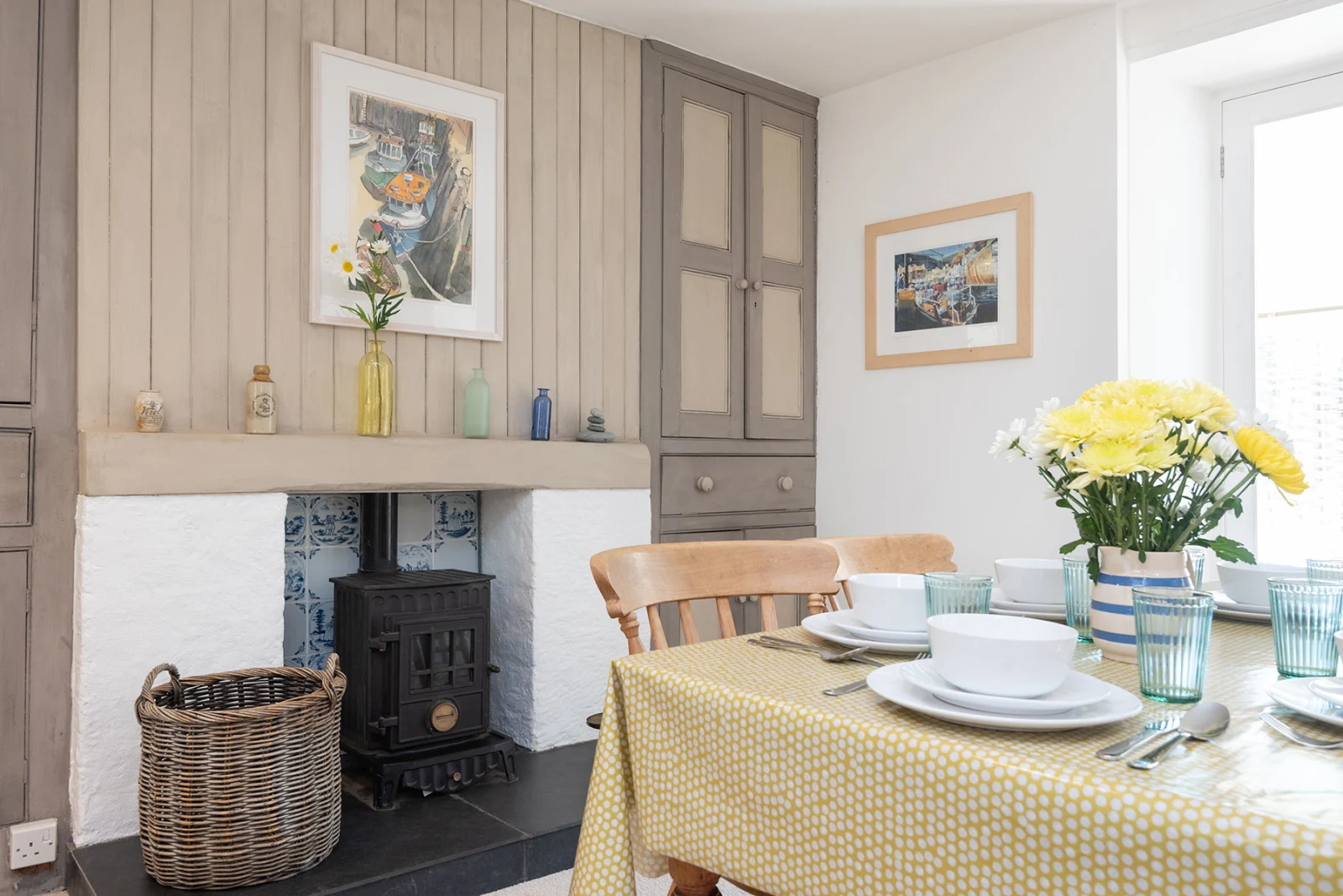 Dining end with electric wood stove