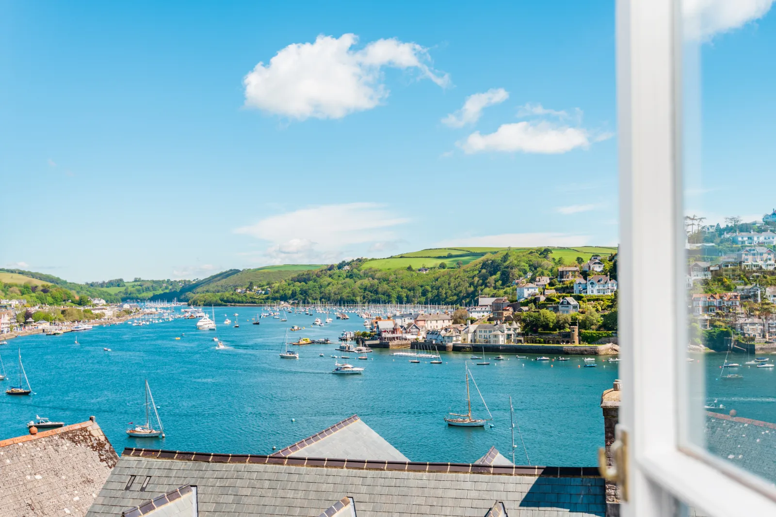 Exceptional river views and onwards up the Dart Valley from living room balcony.