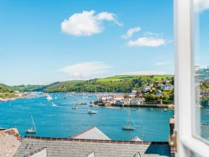 Exceptional river views and onwards up the Dart Valley from living room balcony.