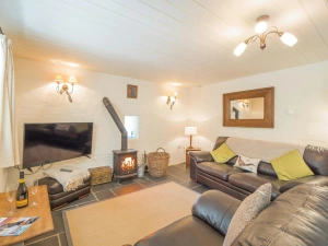 Sofas, stool, corner unit with lamp, large wall mounted mirror, wood burner and TV