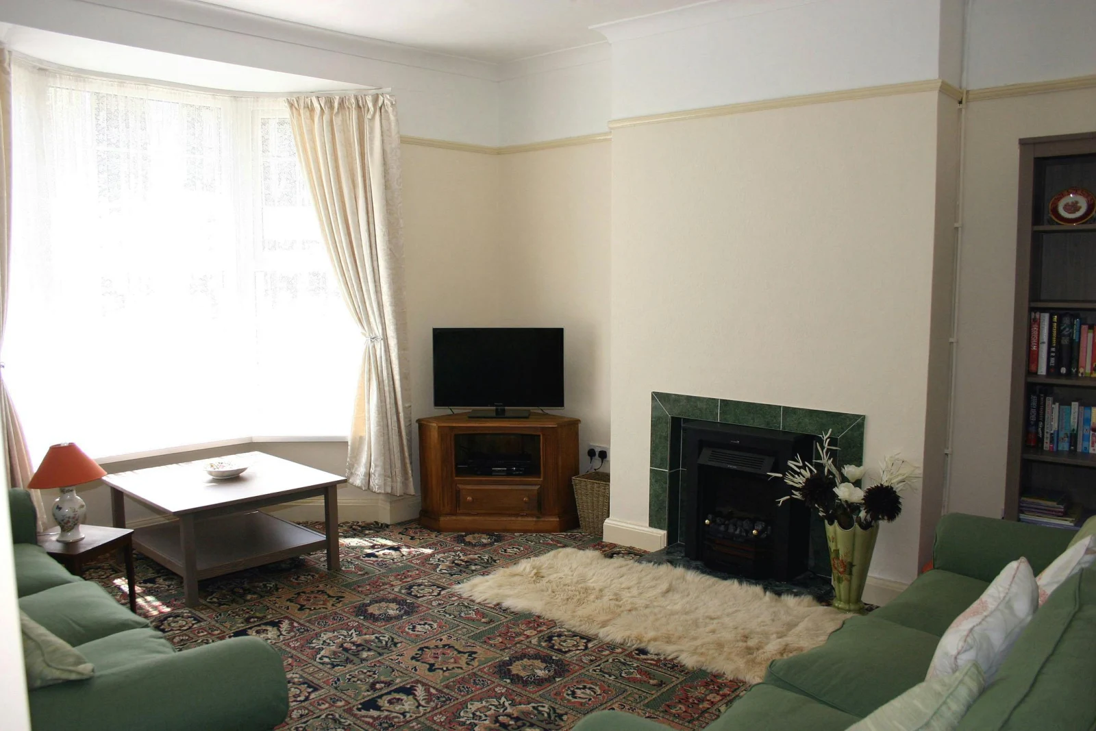 Spacious living room with two sofas, coffee table, side table with lamp, bookcase, TV and fireplace with a fireside rug