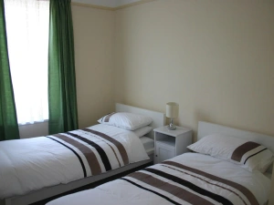 Twin single beds, bedside cabinet with a lamp