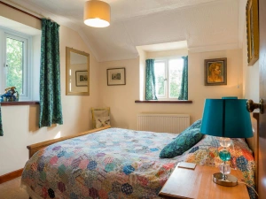 Double bed, bedside cabinet with lamp, small chair and mirror on wall