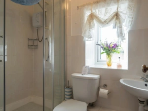 First floor bathroom: walk in shower, wash hand basin, WC and window
