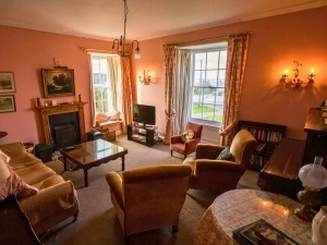 Drawing room: sofa, armchairs, coffee table, open fireplace, TV and piano
