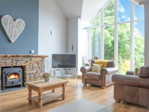 Lounge area with armchairs, coffee table, TV on stand and fireplace