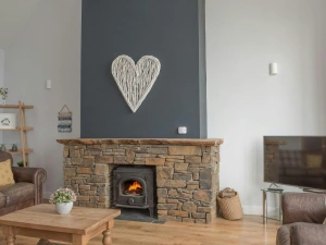 Living area with fireplace and log burner, TV on stand, armchair and coffee table