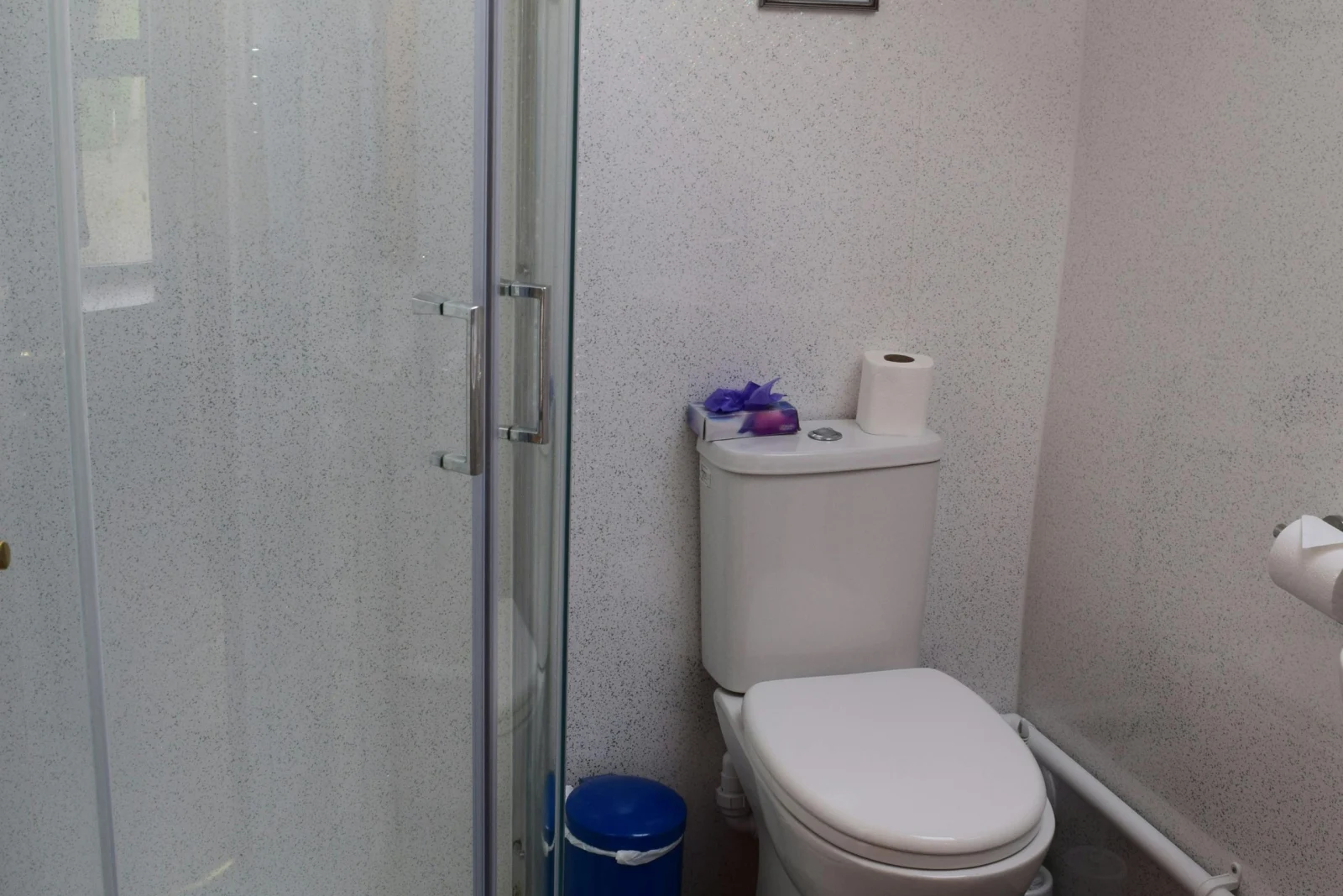 Shower room with corner shower and toilet