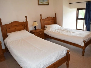 Twin single beds and bedside drawers with lamps