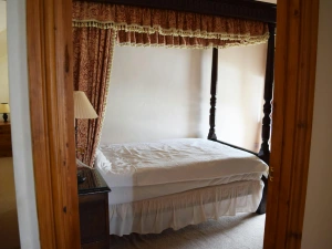 Four poster single bed, bedside cabinet with lamp