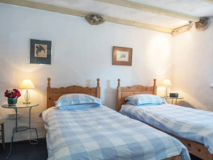 Twin single beds, bedside tables with lamps