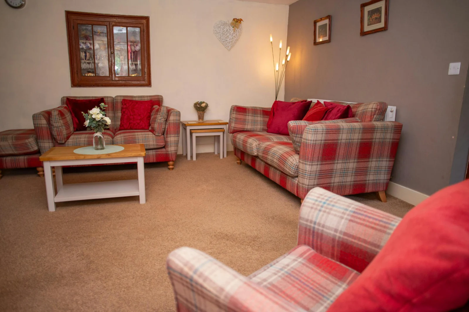 Two sofas, armchair, coffee table, nest of tables and floor lamp