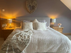King size bed, cushions and throw, bedside tables with lamps