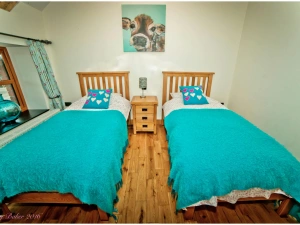 Single twin beds, bedside drawer unit and lamp