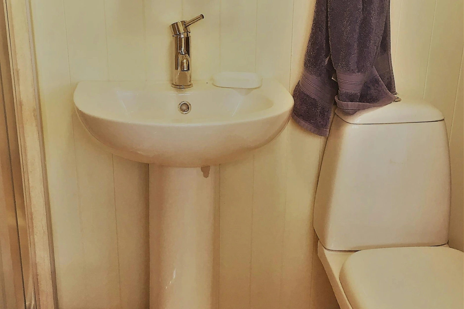 Shower room with toilet, washbasin, bin and towel