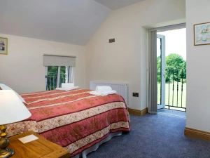 Double bed, bedside unit with lamp and doors to Juliet balcony
