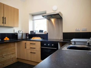 Kitchen: electric cooker with extractor hood and microwave