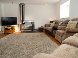 Lounge with sofas, armchairs, log burner and TV on unit