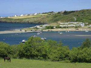 View over a field with horse towards the sea at Gwbert