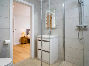 Shower room with vanity unit and basin, mirror, shower cubicle and toilet