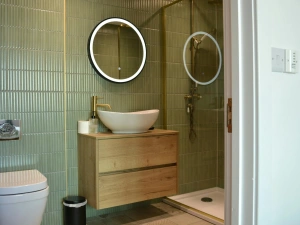 WC, wash basin with mirror above and shower cubicle